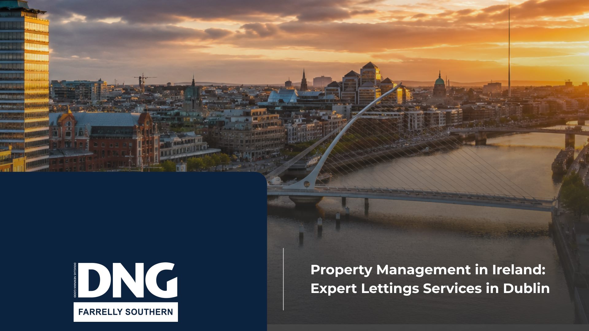 DNG Farrelly Southern blog banner showing an aerial sunset view of the Dublin city skyline, featuring the River Liffey and Samuel Beckett Bridge.