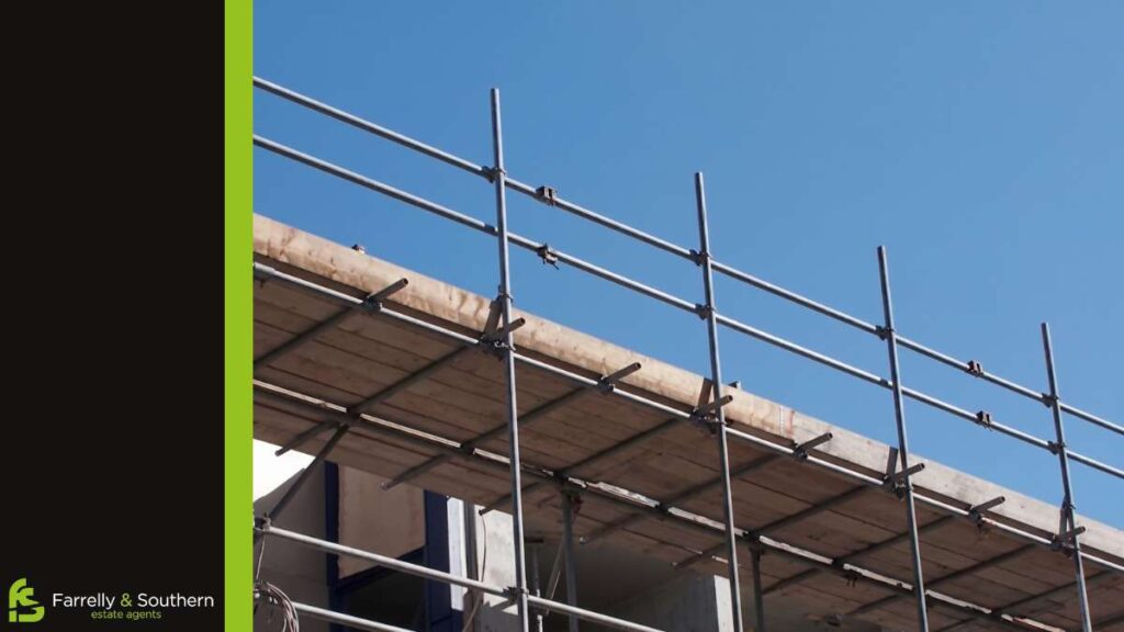 worm view shot of a scaffolding of a property construction in Meath | Farrelly and Southern