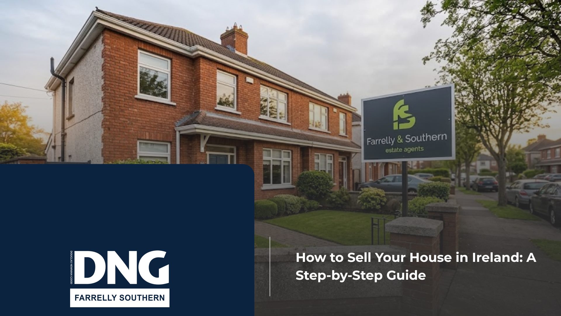 DNG Farrelly Southern blog banner template featuring a modern residential street with a house and a "For Sale" sign.